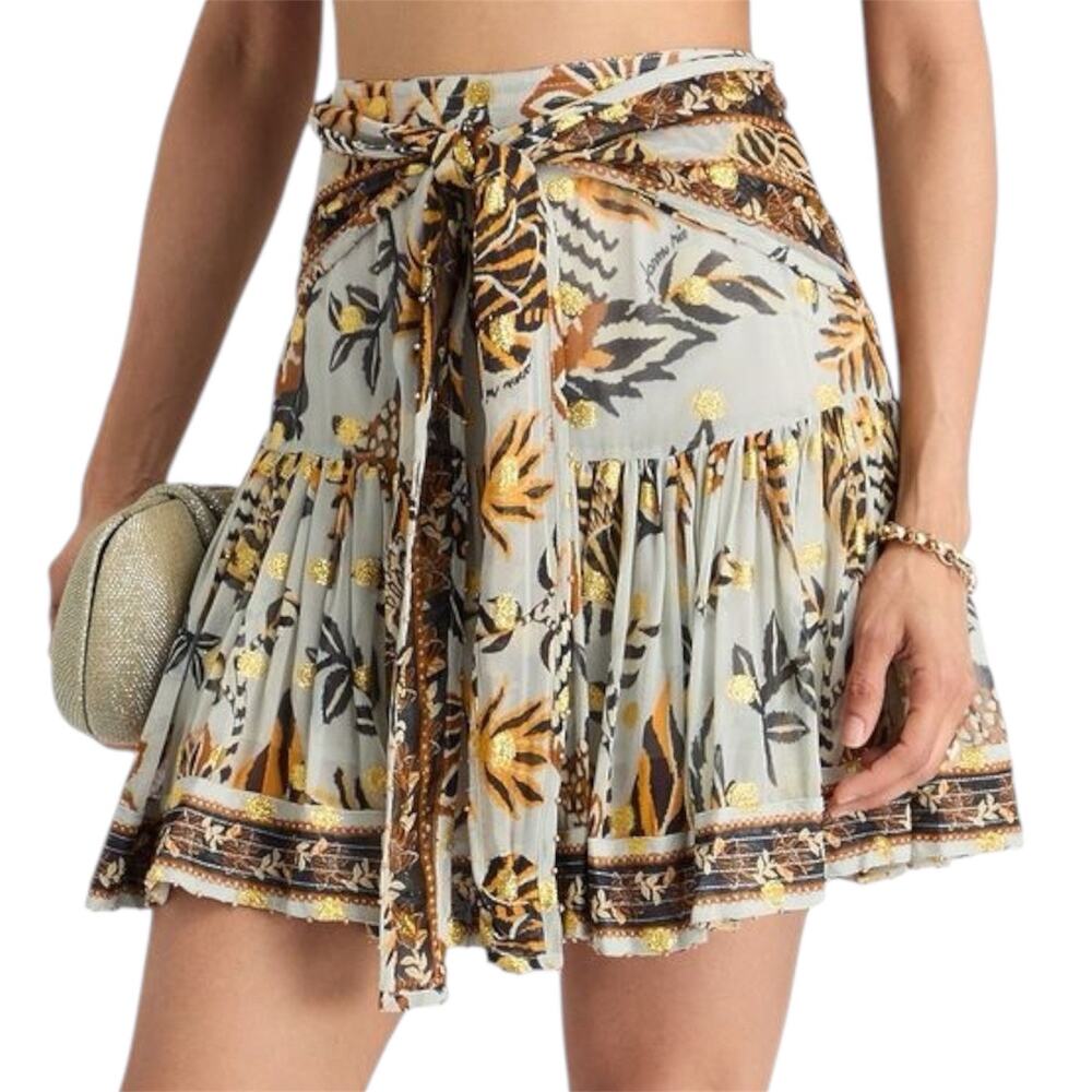 FARM Rio Printed Metallic Gold Dot Tie Waist Mini Skirt Sz XS Boho Resort Summer